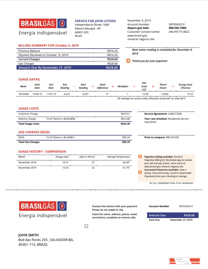 Brazil Gas utility bill template in Word and PDF format